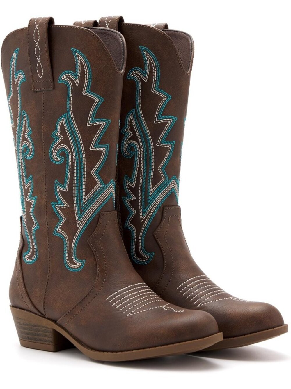 Women's Brown Rubber Western Embroidered Cowgirl Mid Calf Stylish Riding Boots - Picture 6 of 7